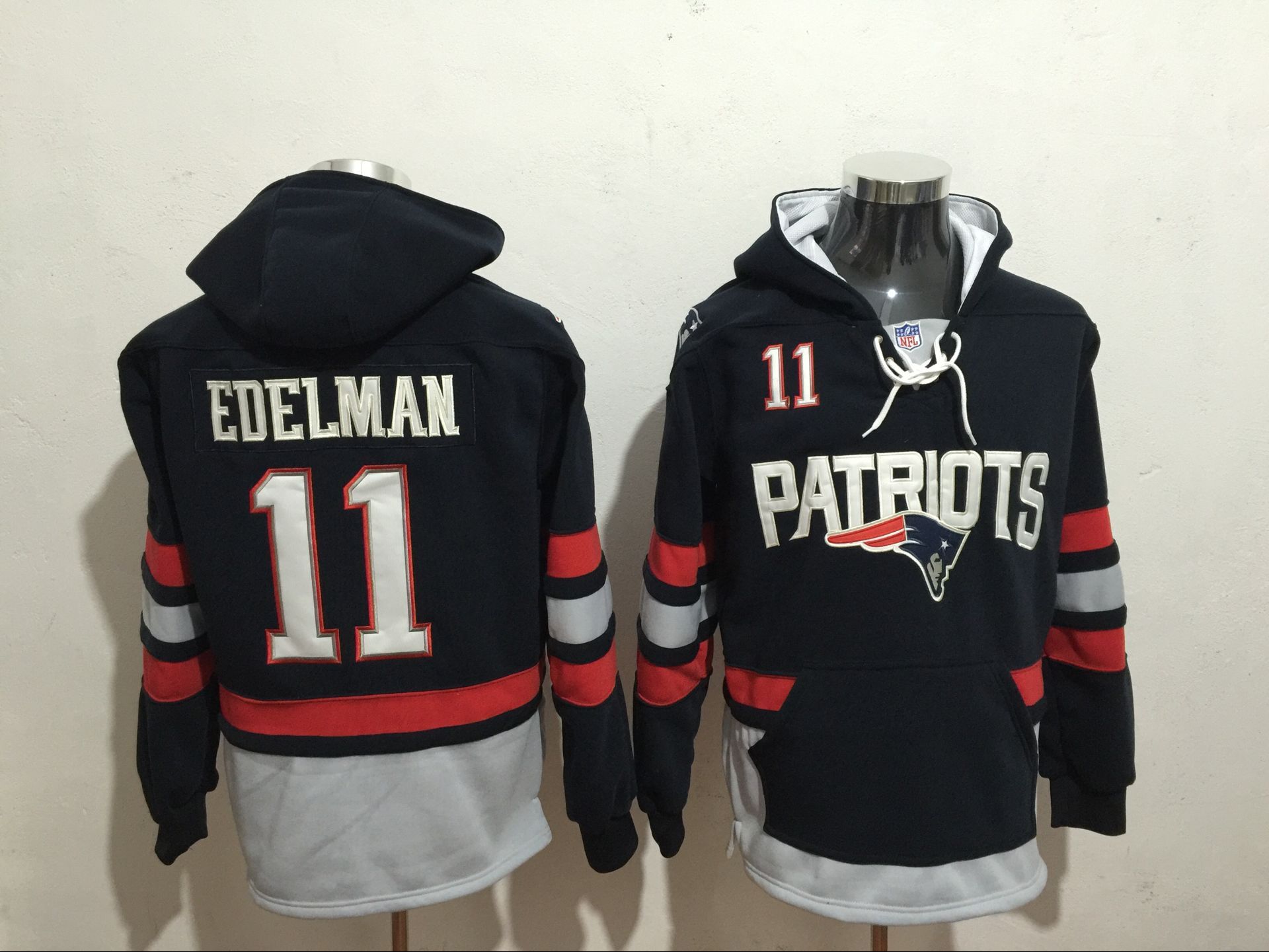 Men's New England Patriots #11 Julian Edelman Blue All Stitched NFL Hooded Sweatshirt